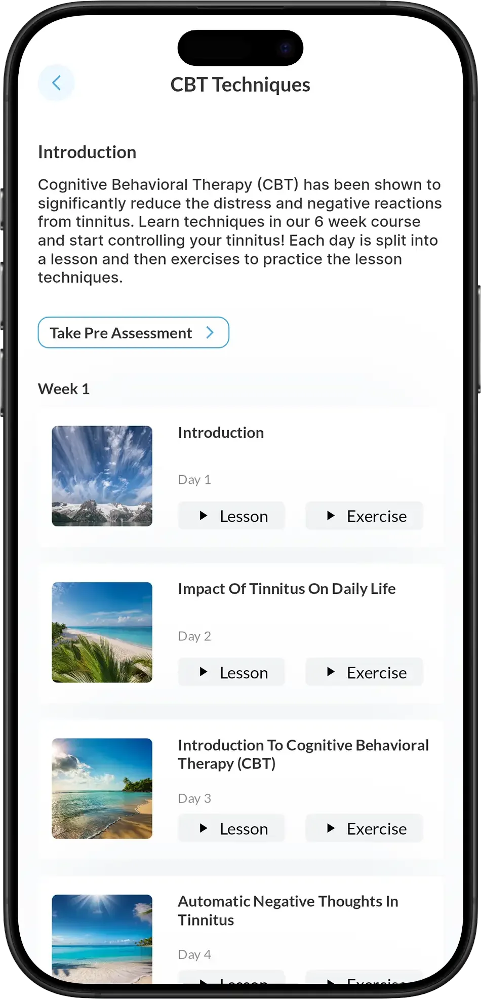 Reductinn CBT Course - showing Introduction to Cognitive Behavioral Therapy with weekly lessons including Impact of Tinnitus on Daily Life and Automatic Negative Thoughts